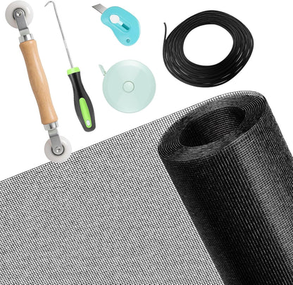 Secopad Window Screen Repair Kit, 39" x 78" Screen Door Mesh Replacement Kit, Durable Fiberglass Roll with Tools for Windows Doors Patio and Porch Replacement, Black