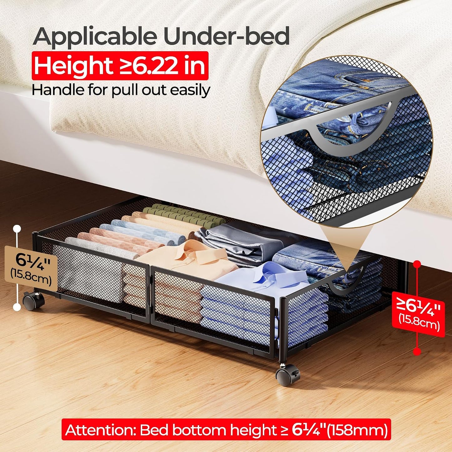 Yecaye Under Bed Storage with Wheels, 2 Pack Under Bed Shoe Storage Organizer Drawer, Tool-free Assembly Metal Underbed Storage Containers for Clothes, Shoes, Toys, Black