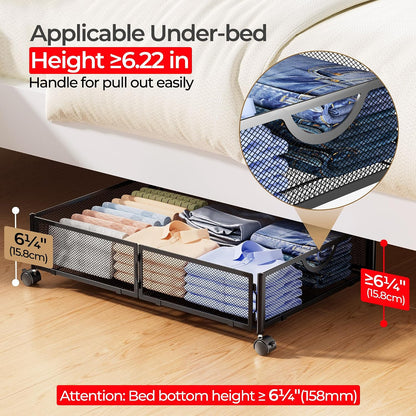 Yecaye Under Bed Storage with Wheels, 2 Pack Under Bed Shoe Storage Organizer Drawer, Tool-free Assembly Metal Underbed Storage Containers for Clothes, Shoes, Toys, Black