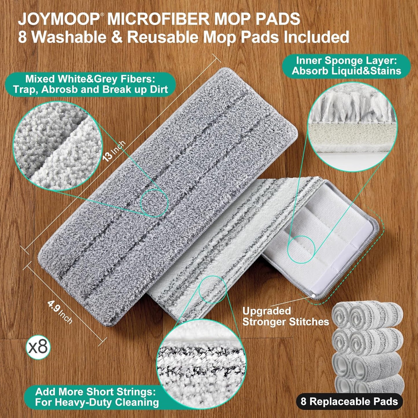 JOYMOOP Mop and Bucket Set, Flat Mops for Floor & Wall Cleaning, Commercial & Household Use, Hardwood Floor Mop with Long Handle & 4 Microfiber Pads