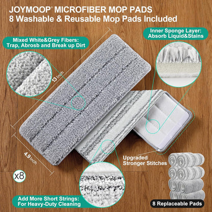 JOYMOOP Mop and Bucket Set, Flat Mops for Floor & Wall Cleaning, Commercial & Household Use, Hardwood Floor Mop with Long Handle & 4 Microfiber Pads