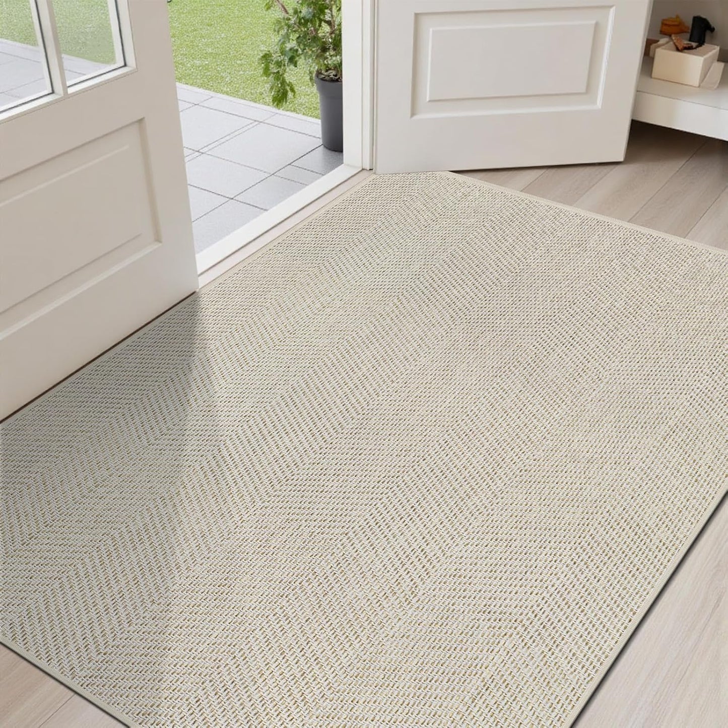 Ultra Thin Indoor Door Mat 24"x36", Washable Door Mat Indoor Entrance, Non Slip Rubber Backing Doormat Low-Profile Inside Entryway Mat, Unique Herringbone Design Entry Mat, Khaki (FOLD)