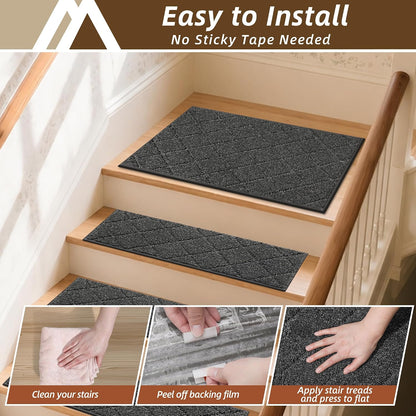 COSY HOMEER Edging Stair Treads Non-Slip Carpet Mat 28inX9in Indoor Stair Runners for Wooden Steps, Edging Stair Rugs for Kids and Dogs, 100% Polyester TPE Backing(4pc, Beige)