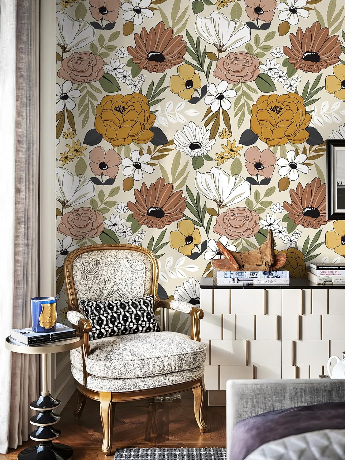 Floralplus Floral Wallpaper Peel and Stick Removable Wallpaper Boho Renter Friendly Dark Flower Wallpapers Contact Paper for Walls Cabinet Bedroom Bathroom Decor 17.5 in x 118 in