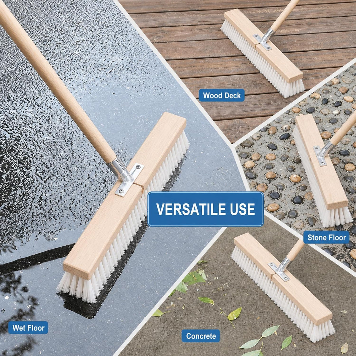 17.71” Heavy Duty Push Broom Outdoor, Stiff Plastic Bristles 4-Layer, 32.28” Wooden Handle, Industrial Broom for Garage Floor, Warehouse, Patio, Concrete, Deck & Sidewalk Cleaning