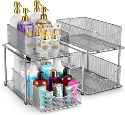 Sorbus 2 Tier Metal Under Sink Organizer for Bathroom, Kitchen, Strong Steel Mesh Sliding Drawers for Under Sink, Under Cabinet, Closet, Kitchen, Pantry, Bathroom Organizers and Storage (Black)