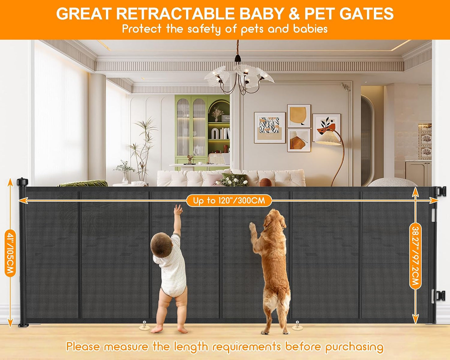 71 inch Retractable Baby Gates, EZIGO Extra Wide Baby Gate for Large Opening Extra Long Mesh Gate for Kids or Pet Dog Gate Child Safety Gate for Stairs Hallways Doorway Indoor Outdoor, Gray