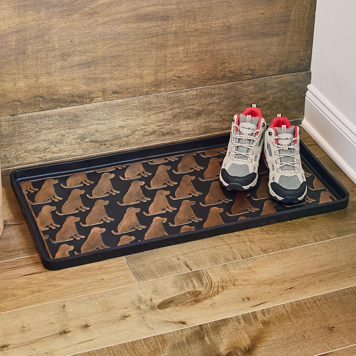 Eddie Bauer Rubber Boot Tray – Lake Waves Design, 16"x32", Black – Waterproof Entryway Boot Mat