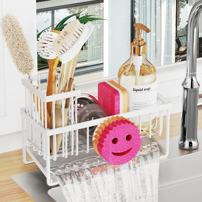 Sponge Holder for Kitchen Sink,Smiley Face Sink Caddy with Removable Brush Holder,Self-Draining Sponge Caddy for Soap,Dish Brush,Scrubber,Kitchen Essentials and Gadgets-Silver
