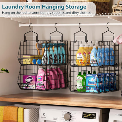 8-Tier Extended Depth Hanging Closet Organizers and Storage for Closet System, Stackable Closet Shelves with 4 Adjustable Dividers for Clothes Sweaters Purses, Wire Hanging Basket Fits Closet Laundry