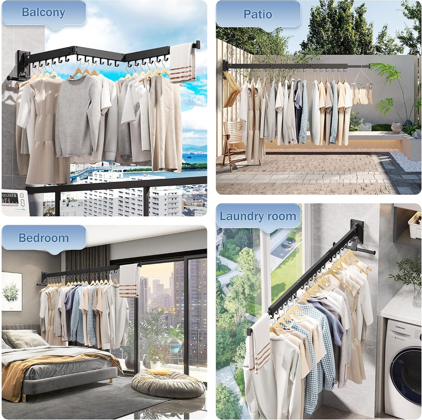 LIENAHU Wall Mounted Clothes Drying Rack, Collapsible, Folding, Retractable - Clothes Hanging Rack (Hooks, White)