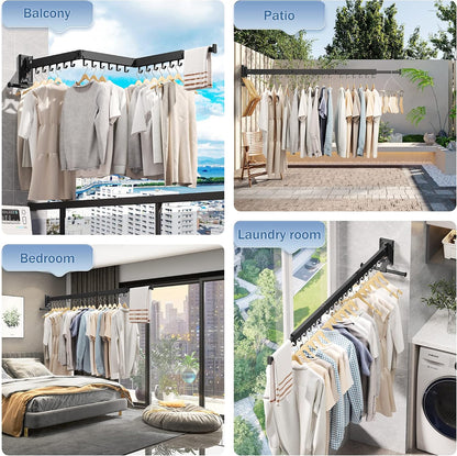 LIENAHU Wall Mounted Clothes Drying Rack, Collapsible, Folding, Retractable - Clothes Hanging Rack (Hooks, White)