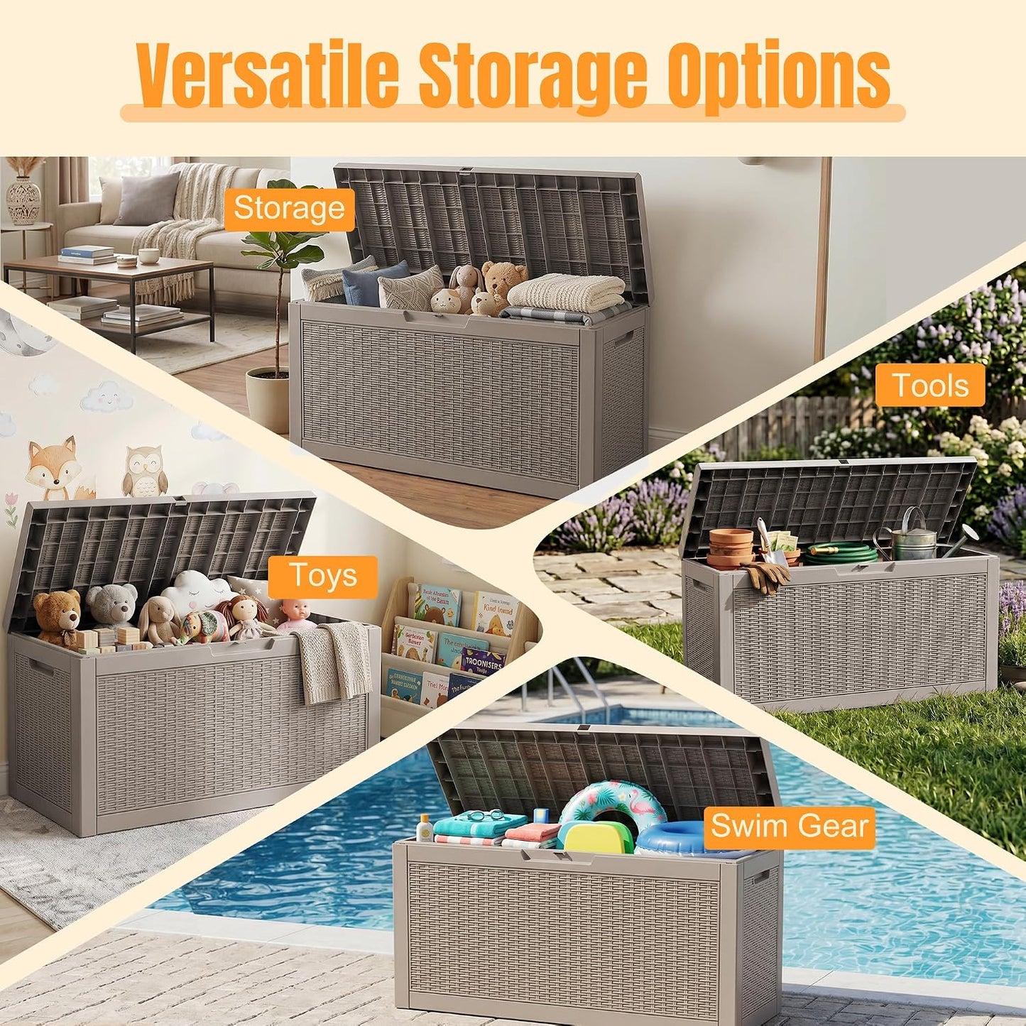Outdoor Storage Box,38 Gallon Resin Deck Box,Waterproof & UV Resistant Lockable Package Delivery Bin,Toy Cabinet for Indoor & Outdoor