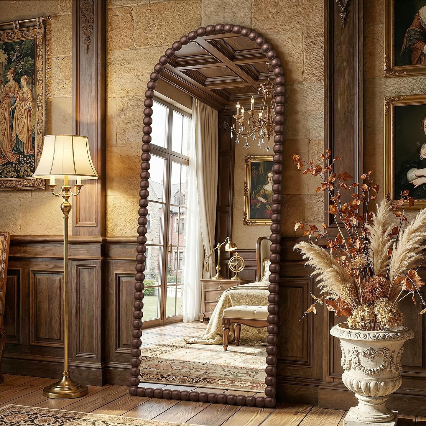 Antok 58" x 21" Arched Full Length Mirror, Antique Beaded Frame Floor Standing or Wall Mounted Mirror with Stand for Bedroom, Entryway, Brown, Luxury Style