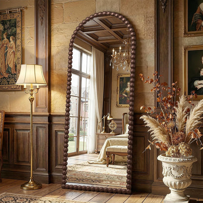 Antok 58" x 21" Arched Full Length Mirror, Antique Beaded Frame Floor Standing or Wall Mounted Mirror with Stand for Bedroom, Entryway, Brown, Luxury Style
