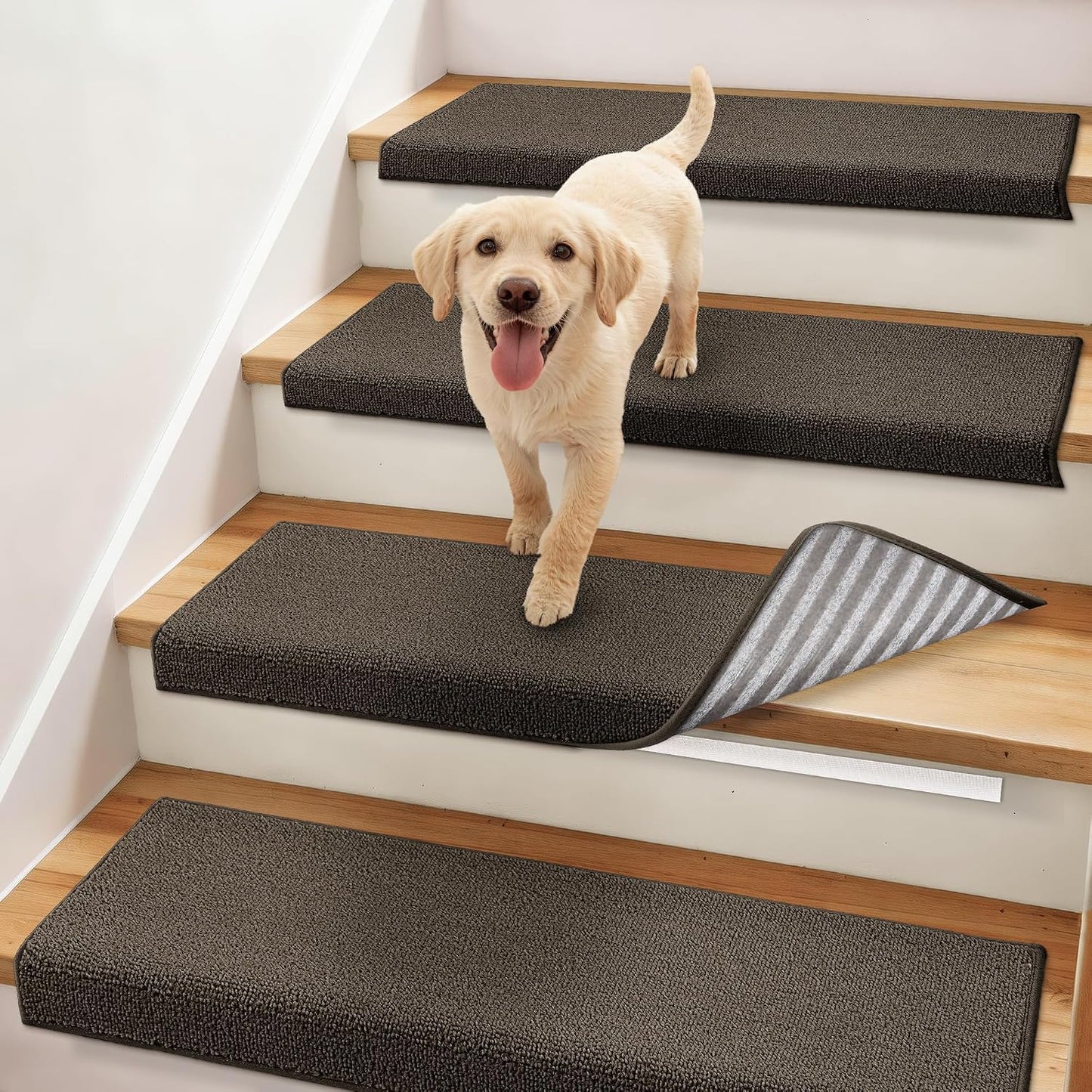 COSY HOMEER Bullnose Carpet Stair Treads, Peel and Stick Non-Slip Stair Treads for Wooden Steps, 11" x 30" Indoor Stair-Runner Rugs (4Pc, Gray)