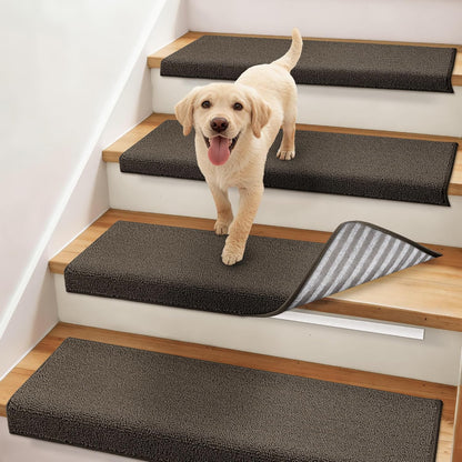 COSY HOMEER Bullnose Carpet Stair Treads, Peel and Stick Non-Slip Stair Treads for Wooden Steps, 11" x 30" Indoor Stair-Runner Rugs (4Pc, Gray)