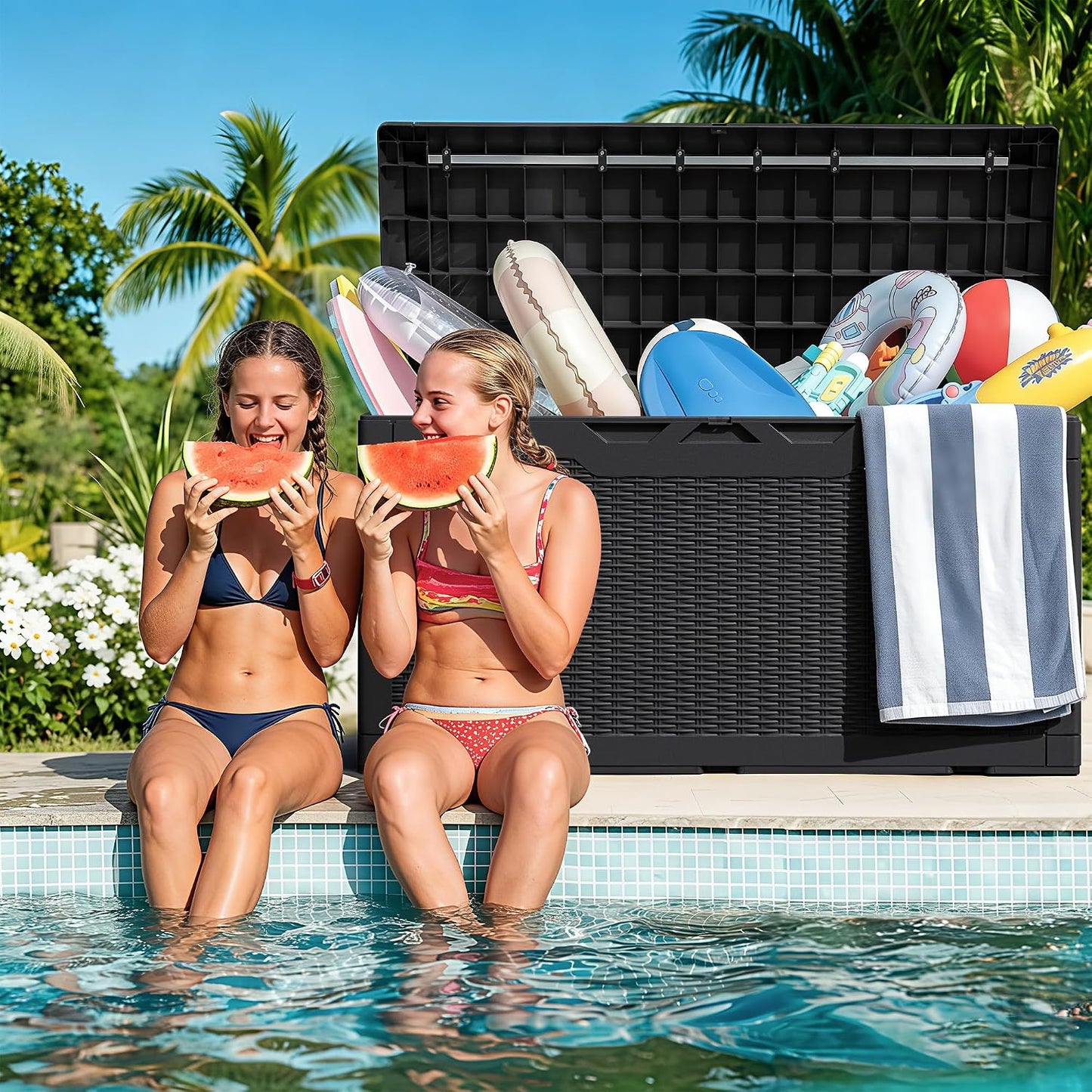 Greesum Outdoor Storage Box 82 Gallon Storage Bin with Lid for Patio Furniture, Garden Tools, Pool Supplies, Waterproof and UV Resistant, Lockable, Black
