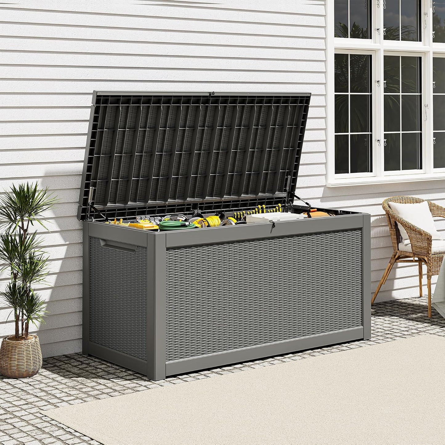 Outdoor Storage Box, Resin Deck Boxes Indoor and outdoor, Waterproof Storage Box Lockable Lid (Black, 85 Gallon)