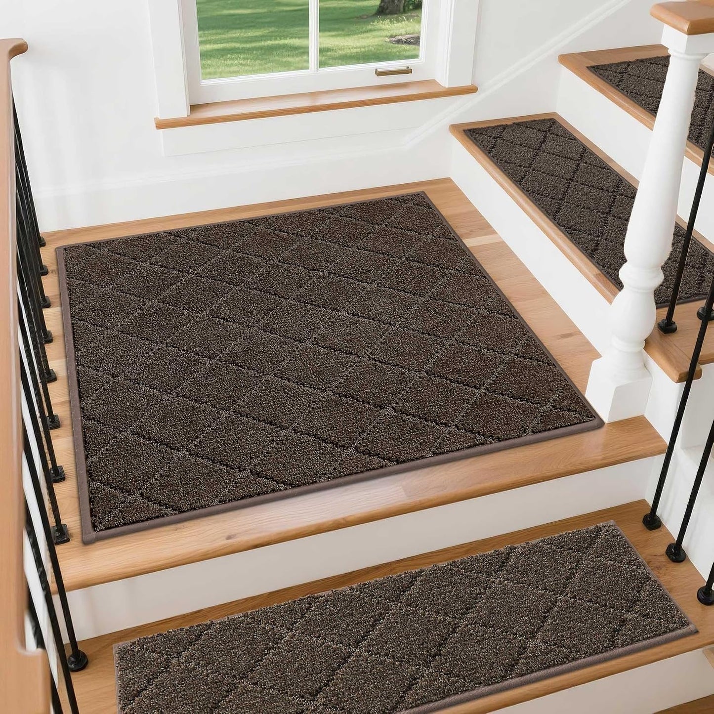 COSY HOMEER Edging Stair Treads Non-Slip Carpet Mat 28inX9in Indoor Stair Runners for Wooden Steps, Edging Stair Rugs for Kids and Dogs, 100% Polyester TPE Backing(4pc, Beige)