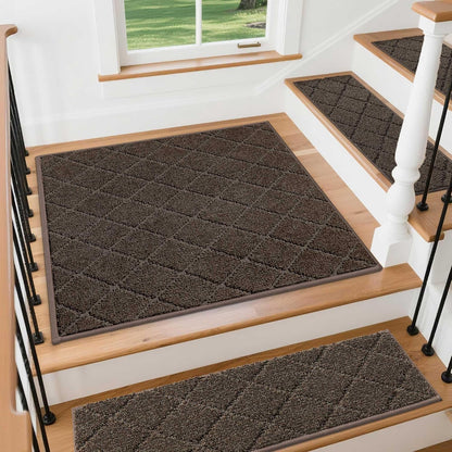 COSY HOMEER Edging Stair Treads Non-Slip Carpet Mat 28inX9in Indoor Stair Runners for Wooden Steps, Edging Stair Rugs for Kids and Dogs, 100% Polyester TPE Backing(4pc, Beige)