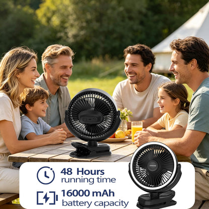 Clip on Fan 16000mAh: Portable Rechargeable Clamp Fan for Stroller Bed Camping Tent Golf Cart - Quiet Battery Operated with 3 Speed Strong Airflow LED Light Hook for Office Desk Outdoor (Black)