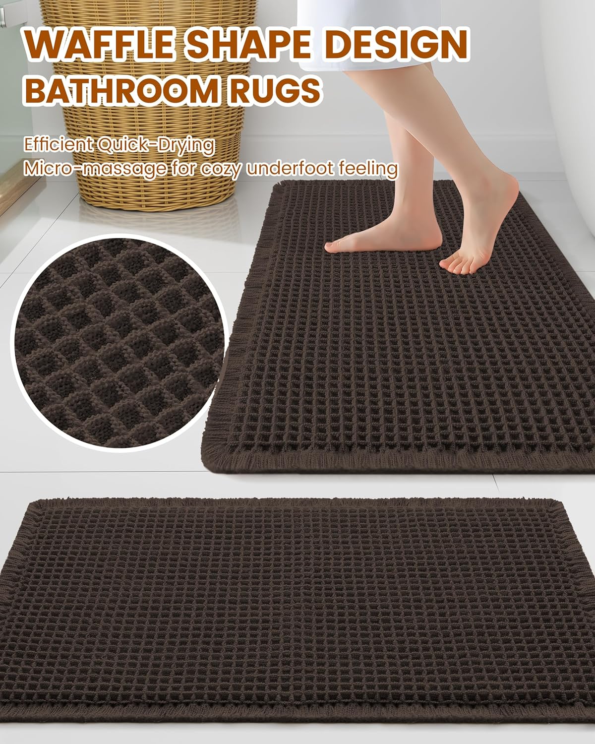 Smiry Waffle Bath Mat 30x20, Extra Soft Absorbent Bathroom Rugs, Non Slip Machine Washable Quick Dry Bath Rugs for Bathroom Floor, Tub, Shower, Home Decor Accessories, Brown