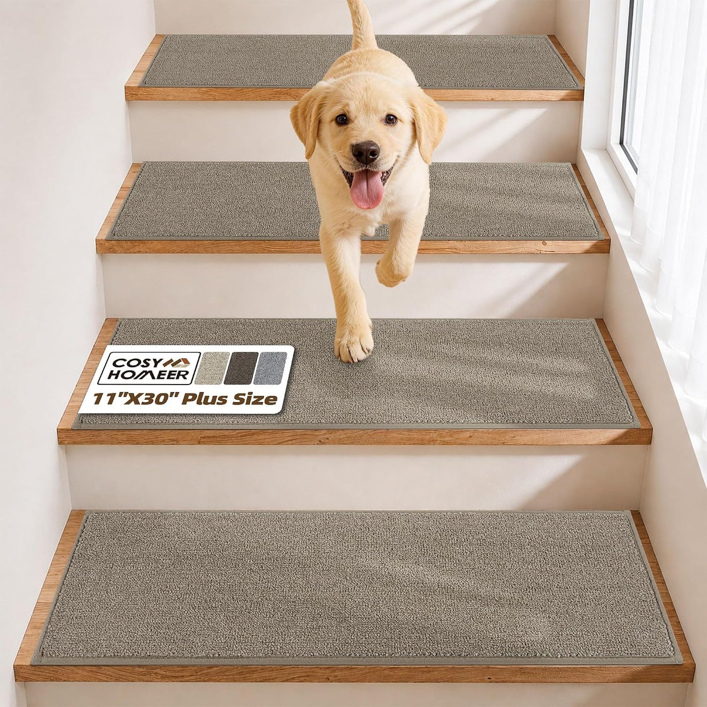 COSY HOMEER Stair Treads Non-Slip Carpet Stair Treads for Wooden Steps, Indoor Stair-Runner Rugs for Kids Elders & Pets 28"x9" (4Pc, Dark Gray)