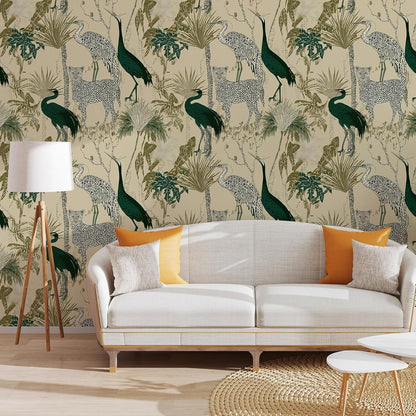 Peel and Stick Wallpaper, Leopard, Crane & Tropical Plant Pattern, Self - Adhesive Removable, PVC Contact Paper for Bedroom/Living Room/Kitchen/Bathroom/Cabinet, Renter Friendly ﻿