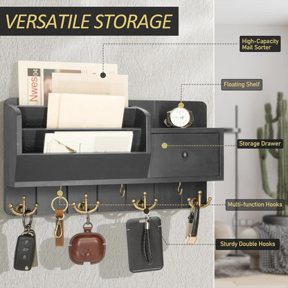 Rebee Vision Key and Mail Holder Wall Mount - Mail Organizer Wall Mount with Storage Hooks and Drawer for Modern Farmhouse Decor - Mail Organizer Wall Mounted for Rustic Apartment Essentials (Brown)