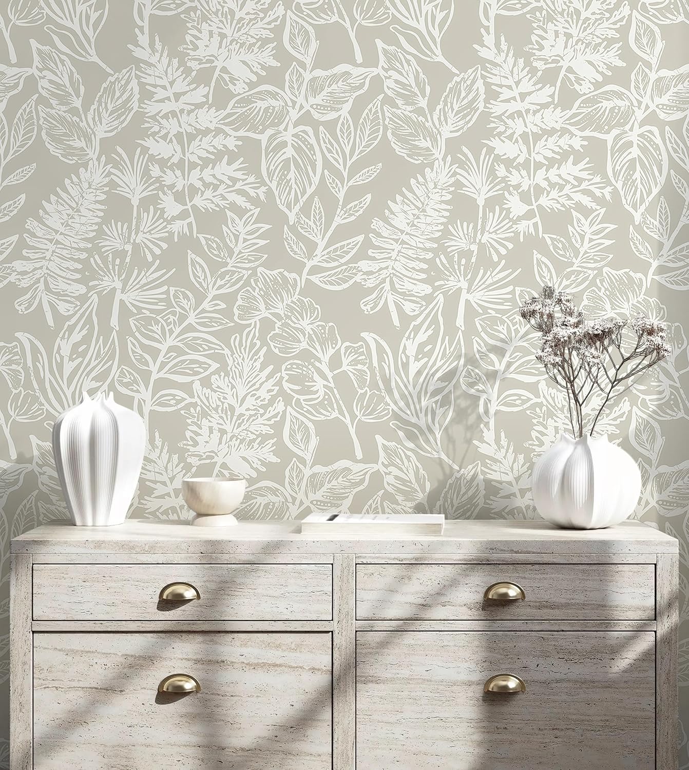 Safiyya Peel and Stick Wallpaper Boho Modern Beige Leaf Contact Paper Peel and Stick Wall Paper Self Adhesive Removable Wallpaper for Bedroom Bathroom Vinyl Roll 78.7"x17.3"