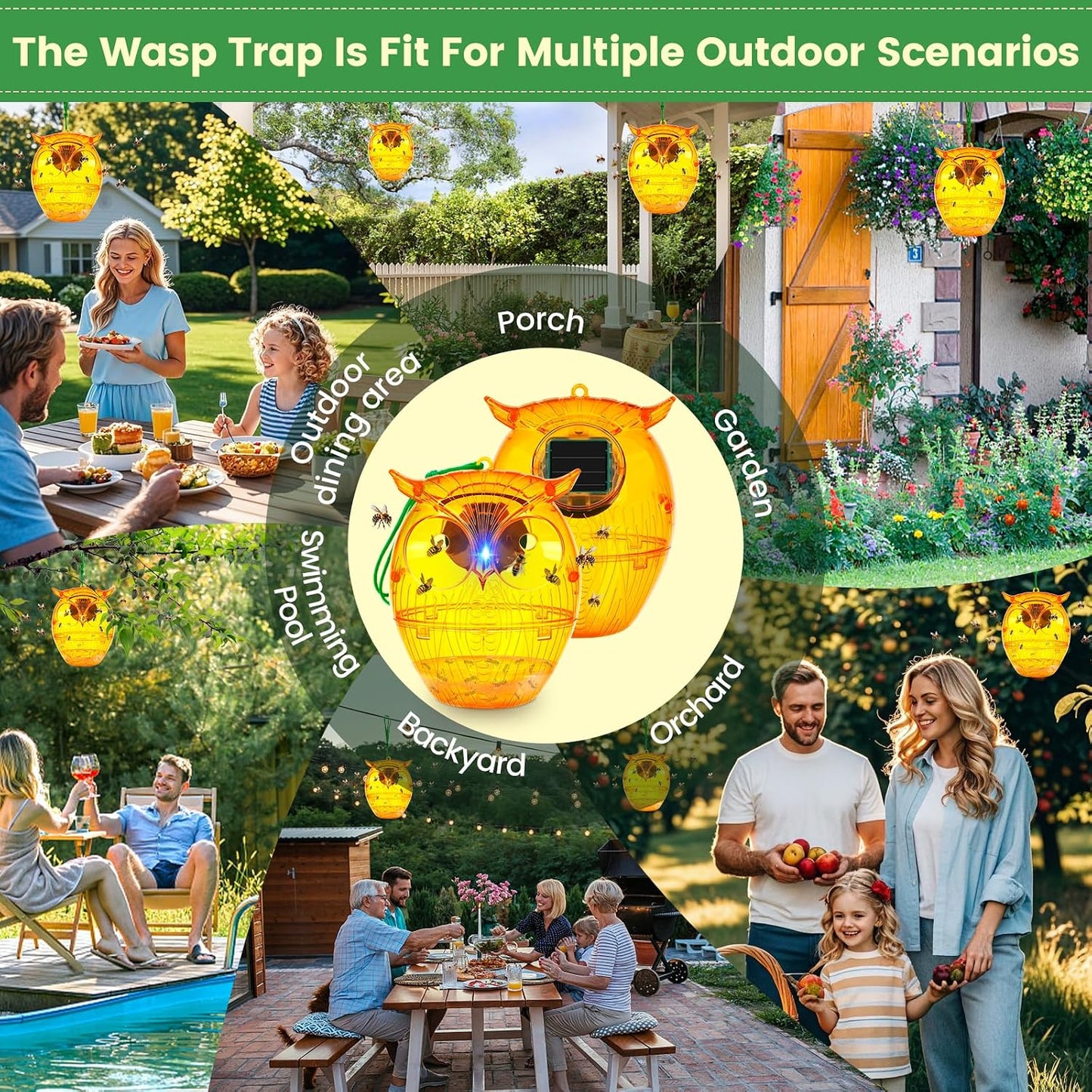 Solar Wasp Trap, Owl-Shaped Outdoor Hanging Bee Catcher with Solar LED Light, Non-Toxic Reusable Trap for Wasps, Hornets & Yellow Jackets, 2 Pack - Orange, Ideal for Gardens & Yards