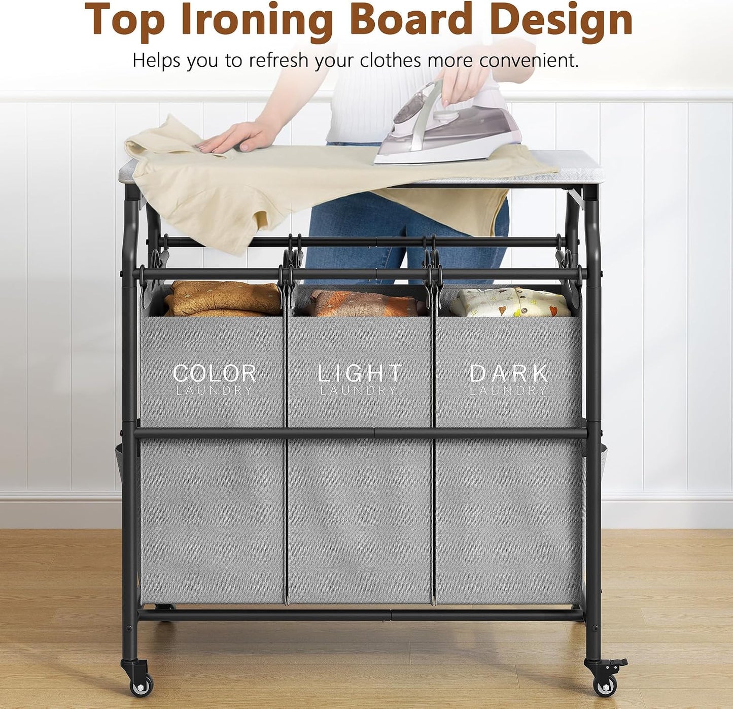 Hoctieon 3 Section Laundry Sorter Cart with Ironing Board, Laundry Hamper with Shelf and Rolling Wheels, Heavy Duty Laundry Basket Organizer, Large Clothes Separator Hamper with Removable Bags, Black