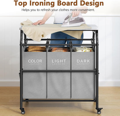 Hoctieon 3 Section Laundry Sorter Cart with Ironing Board, Laundry Hamper with Shelf and Rolling Wheels, Heavy Duty Laundry Basket Organizer, Large Clothes Separator Hamper with Removable Bags, Black