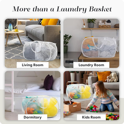 Handy Laundry Collapsible Laundry Basket, 3-Compartment Mesh Laundry Sorter, Foldable Pop Up Hamper with Handles, Space-Saving Durable Organizer for Dorm, Bedroom, Travel, White