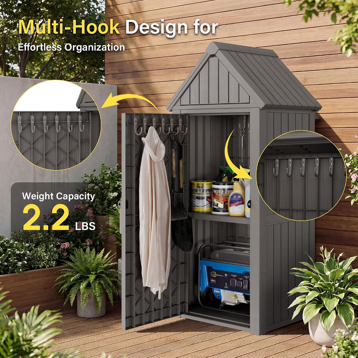 Bifanuo Deck Box Storage Shed Outdoor Storage Cabinet, Vertical Waterproof Resin Material Plastic Shed with Removable Shelves, 12 Hooks and Lock Ring for Garden, Pool and Patio (Classic Black)