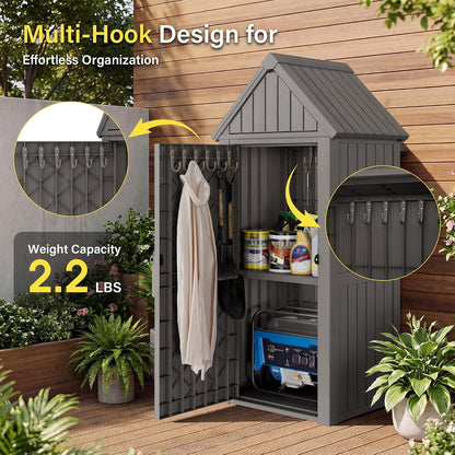 Bifanuo Deck Box Storage Shed Outdoor Storage Cabinet, Vertical Waterproof Resin Material Plastic Shed with Removable Shelves, 12 Hooks and Lock Ring for Garden, Pool and Patio (Classic Black)