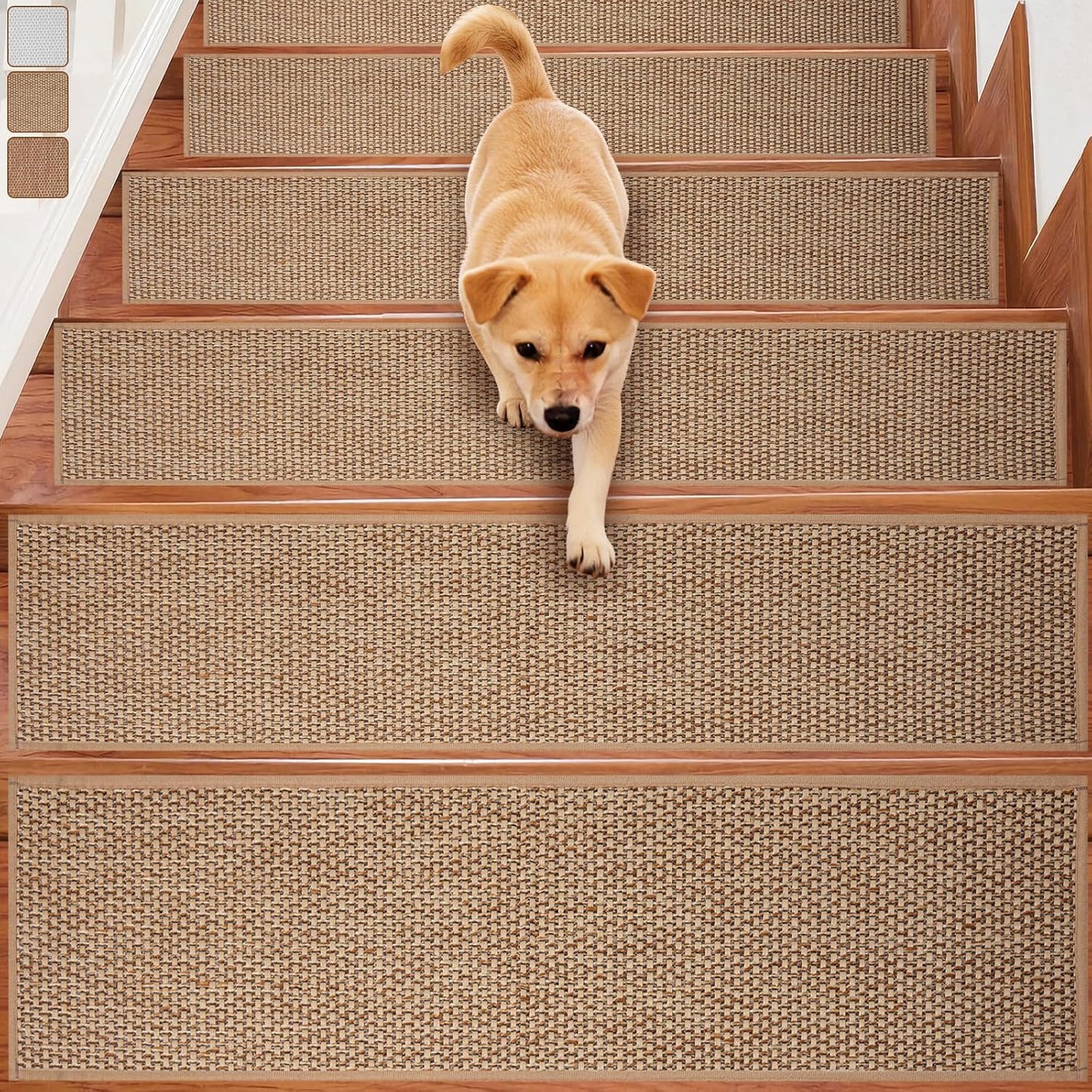 Carpet Stairs Runner for Wood Stairs, 30"x 30",Reusable Washable Self-Stick Stair Treads, for Indoor Steps, Non Slip for Kids Elders and Pets Stair Mats Residue Free, Beige 1-Pack