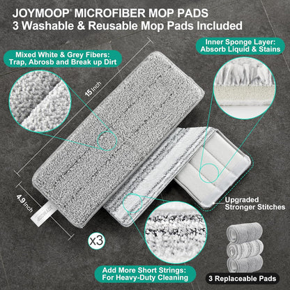 JOYMOOP Mop and Bucket Set, Flat Mops for Floor & Wall Cleaning, Commercial & Household Use, Hardwood Floor Mop with Long Handle & 4 Microfiber Pads