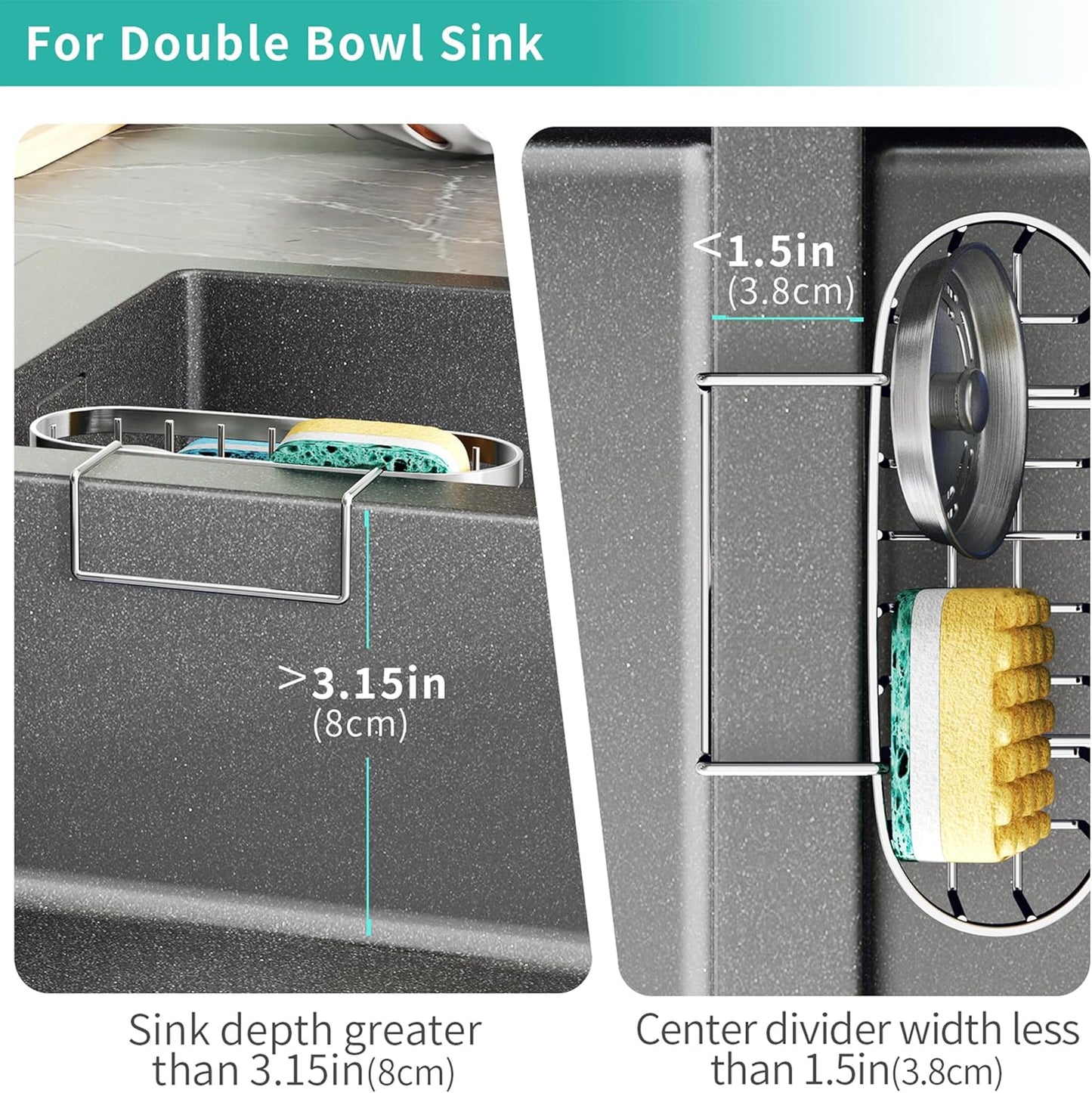 HapiRm Multifunctional Sponge Holder with Unique M-Shaped, 2 Installation Methods Kitchen Sink Caddy Organizer, Rustproof Stainless Steel Kitchen Organizers and Storage Essentials - Black