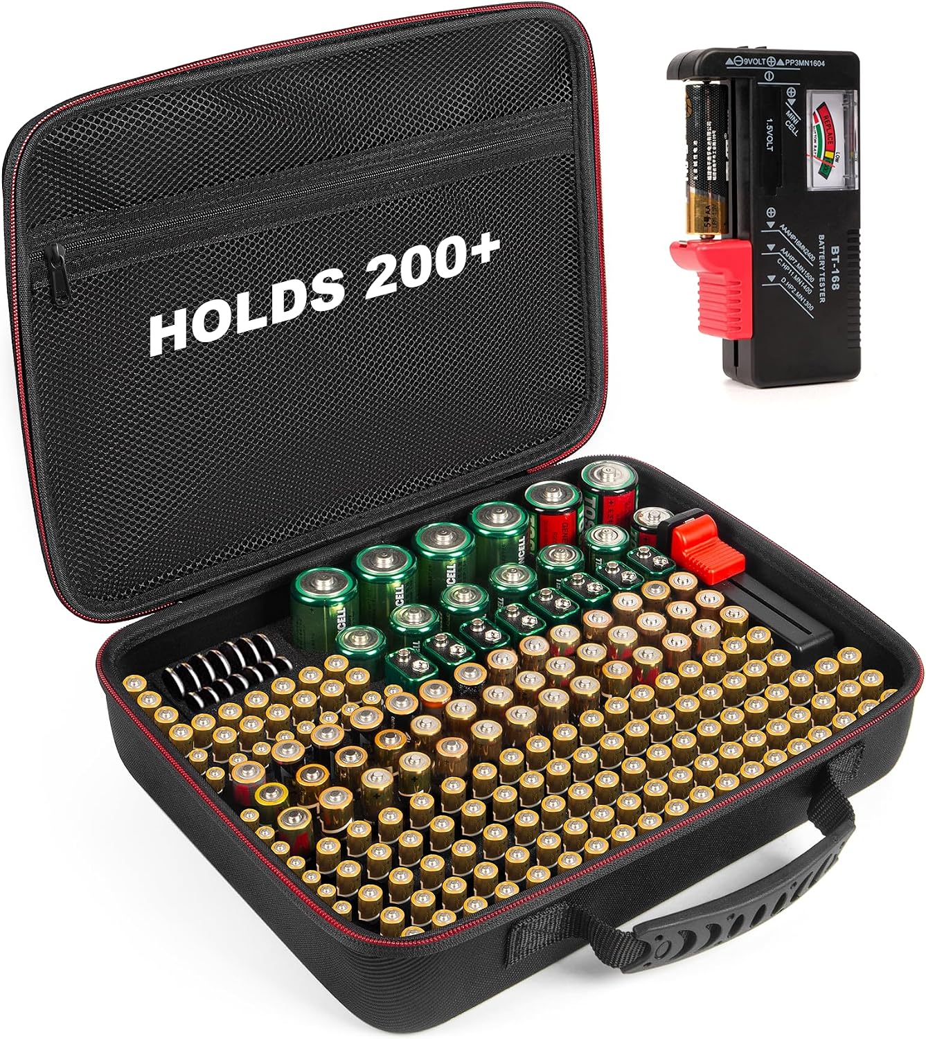 Battery Organizer Storage Case with Tester BT168, Hard Battery Daddy Storage Organizer Box Holds 148 Batteries AA AAA C D 9V Button Cell, Batteries Holder, Waterproof Batteriess Vault Box