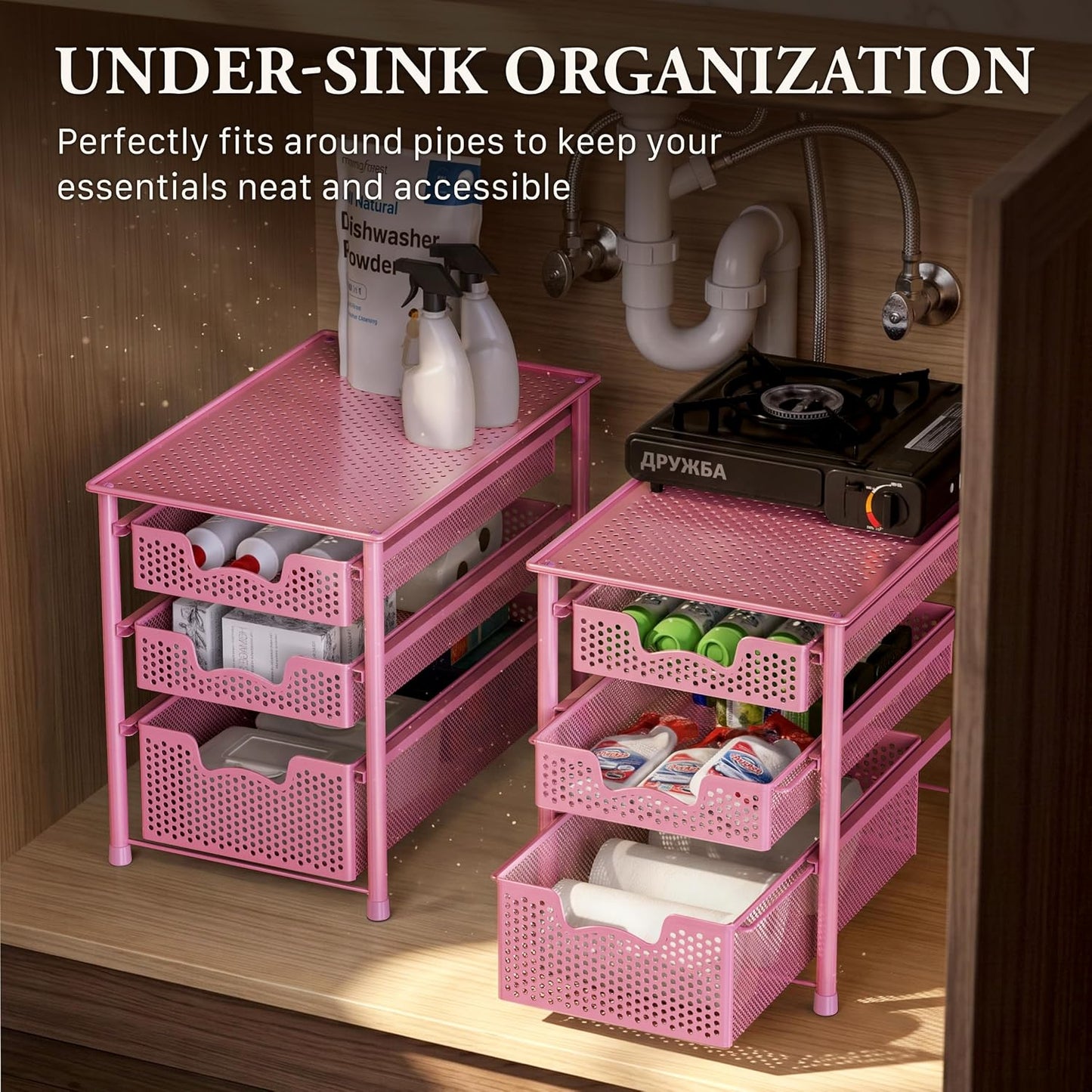 Simple Houseware Stackable 2 Tier Sliding Basket Organizer Drawer, White