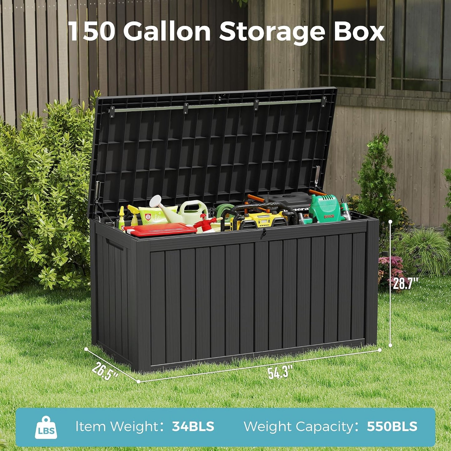 NUNU LAB Outdoor Storage Box, 45 Gallon Outside Deck Box Waterproof, Resin Outdoor Storage Cabinet With Lockable Lid, Backyard Storage Bench For Garden Tools, Patio Cushions, Pool Tools, Black