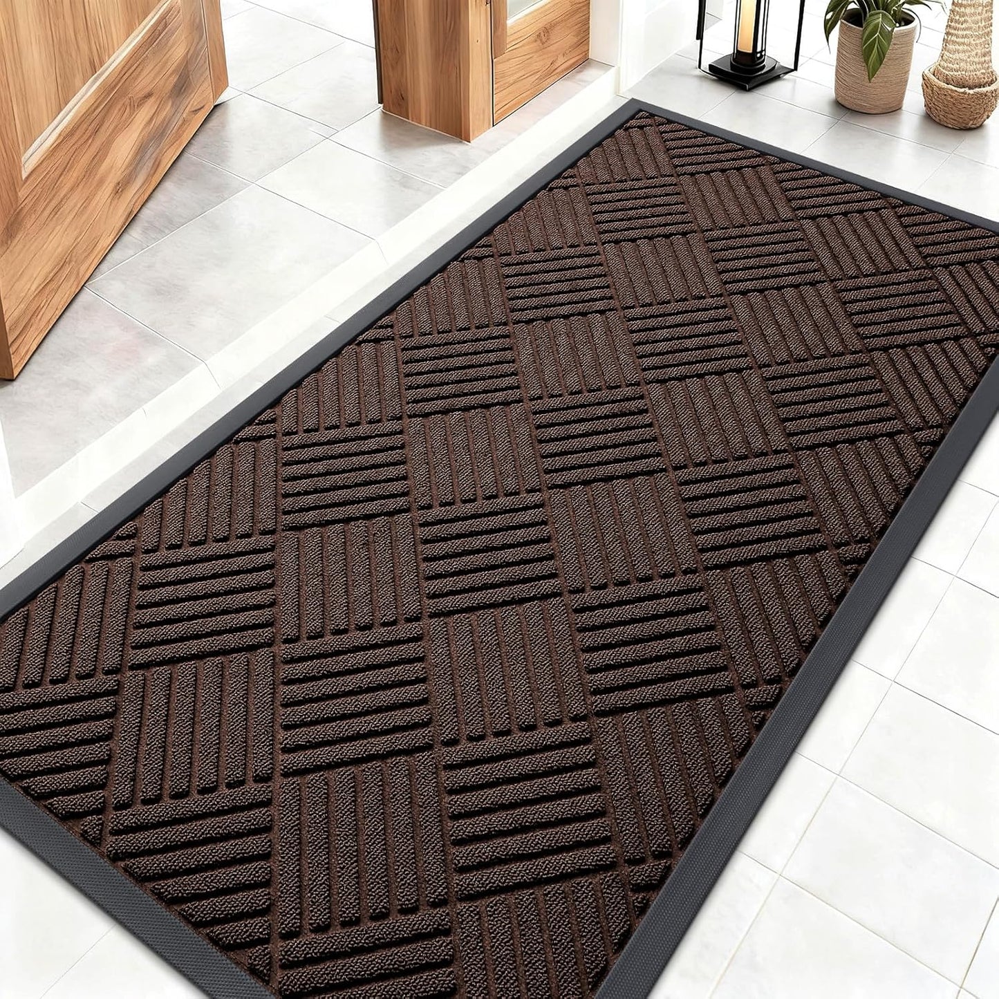 OLANLY Front Door Mat Outside Entrance 29.5x17, Absorbent, Heavy Duty Sturdy Natural Rubber Doormat Indoor Outdoor, Stain and Fade Resistant, Non-Slip Low Profile Floor Mat for Entryway, Grey Diamond