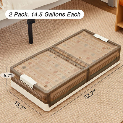 VECELO Under Bed Storage with Wheels, 2 Pack Stackable Under Bed Storage Containers, Underbed Storage Containers with Lids, Plastic Foldable Folding Box for Clothes Shoes, Grey