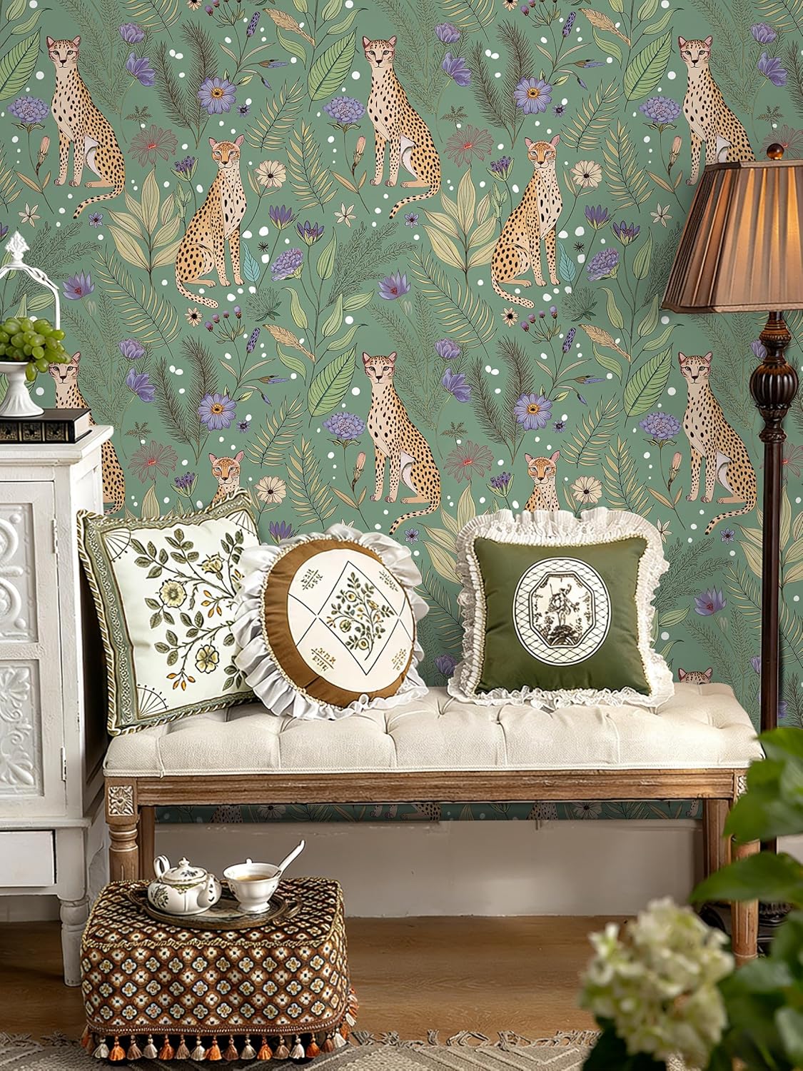 Floralplus Peel and Stick Wallpaper Leopard Jungle Removable Wallpaper for Bathroom Renter Friendly Wallpapers Self Adhesive Animal Floral Contact Paper for Accent Wall 17.5 x 118 in