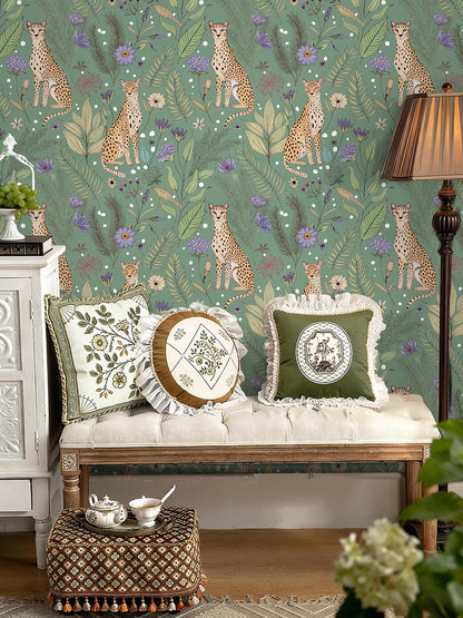 Floralplus Peel and Stick Wallpaper Leopard Jungle Removable Wallpaper for Bathroom Renter Friendly Wallpapers Self Adhesive Animal Floral Contact Paper for Accent Wall 17.5 x 118 in