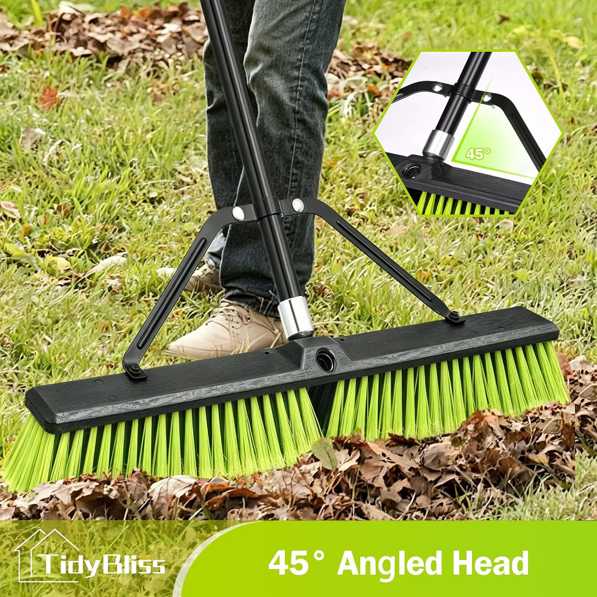 TidyBliss 24” Push Broom Outdoor Heavy Duty, Large Commercial Stiff Bristle Brush with 63 inches Long Handle for Garage Shop Garden Yard Patio Deck Street Warehouse Lawn Driveway (Yellow-Green)