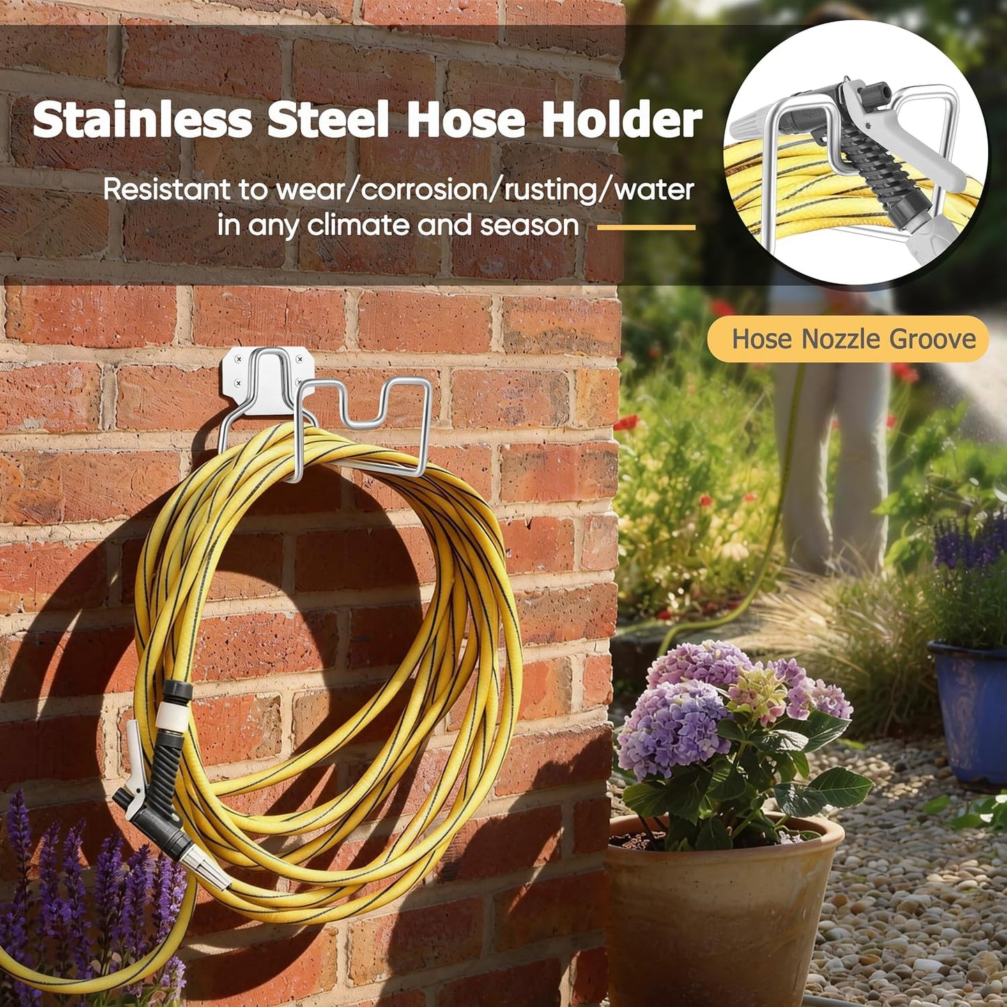 18/0 Stainless Steel Garden Hose Holder Hook, HaSteeL Metal Wall Mount Hanger For Outside Yard Water Vacuum Expandable Hose Extension Cords Storage, Rust Resistant, Hose Nozzle Groove (1 Pack)