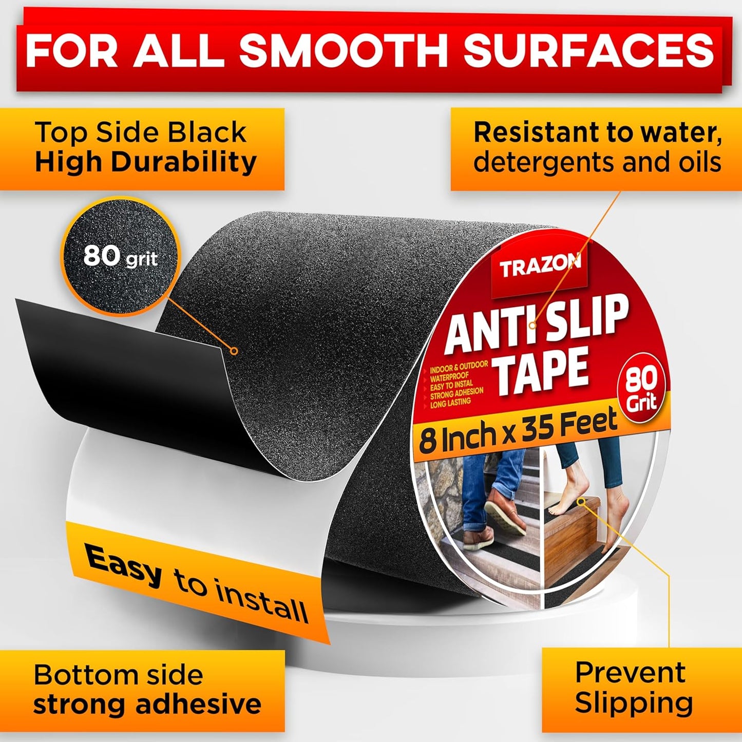 Grip Tape - Heavy Duty Anti Slip Tape for Stairs Outdoor/Indoor Waterproof 4Inch x 35Ft Safety Non Skid Roll for Stair Steps Ramp Traction Tread Staircases Grips Adhesive Non Slip Strips Walk Black